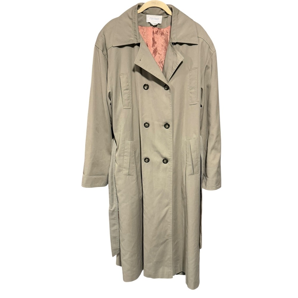 Portrait Womens Khaki Taupe Double Breasted Trench Coat Longline Belted Size 14